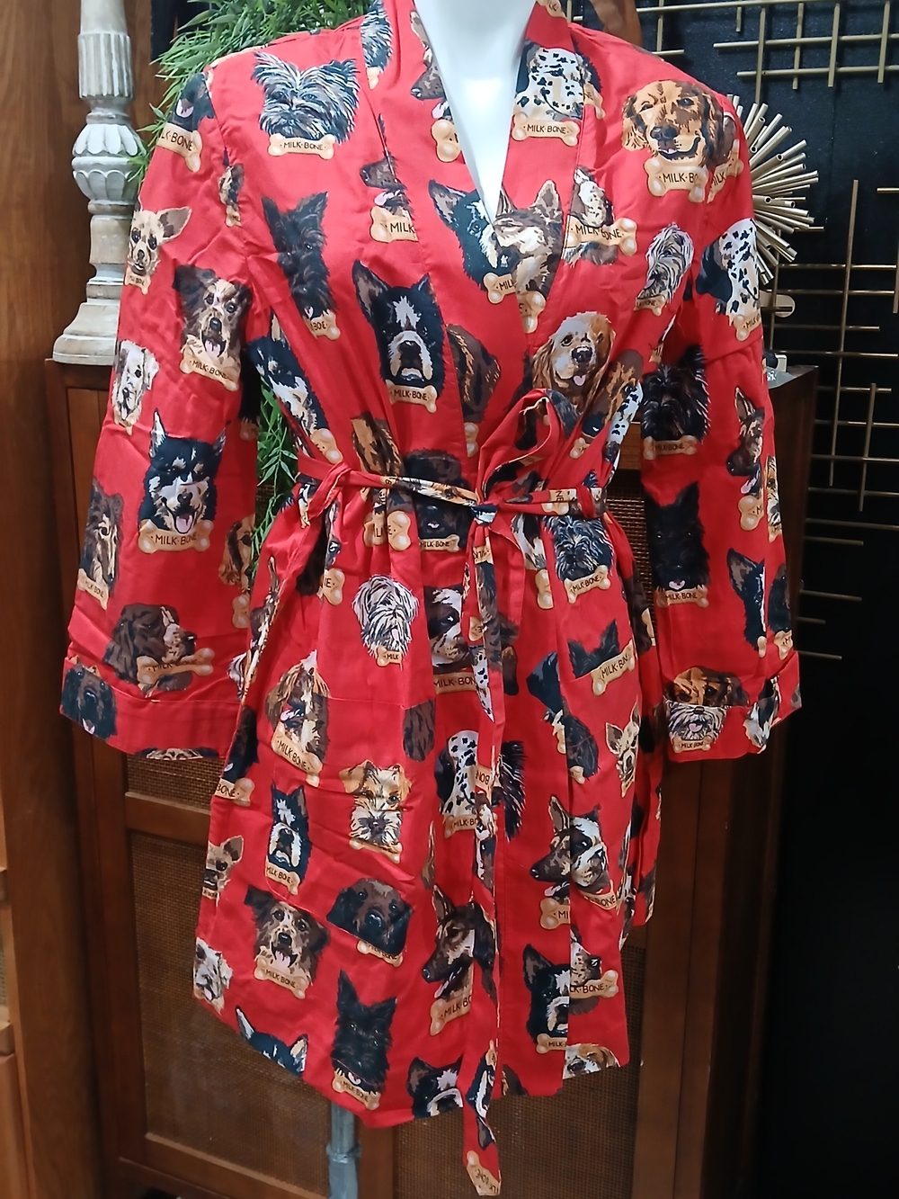 Nick & Nora Vintage Red Dog Print Cotton Robe S/M | Milk Bone Novelty Kimono